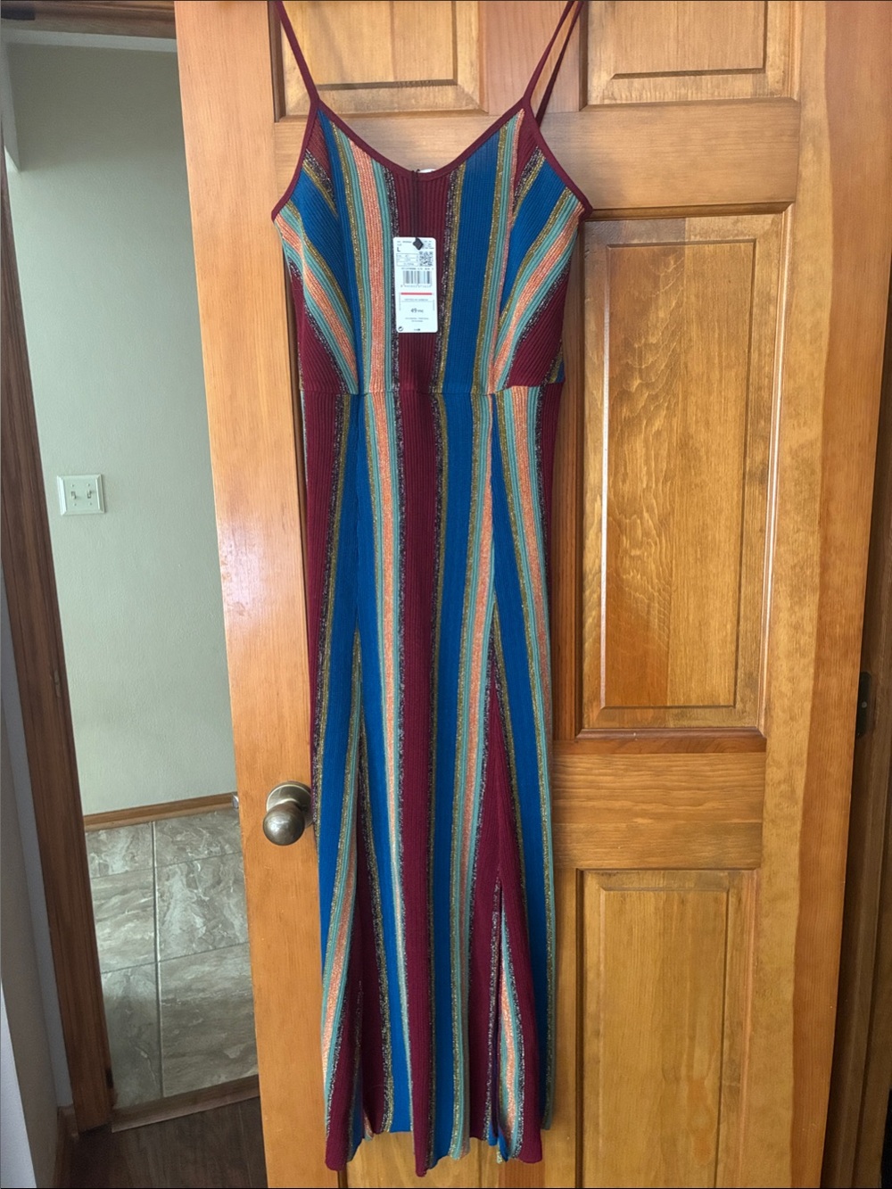 MNG Suit Mango Striped Maxi Dress in Burgundy, Teal and Mustard